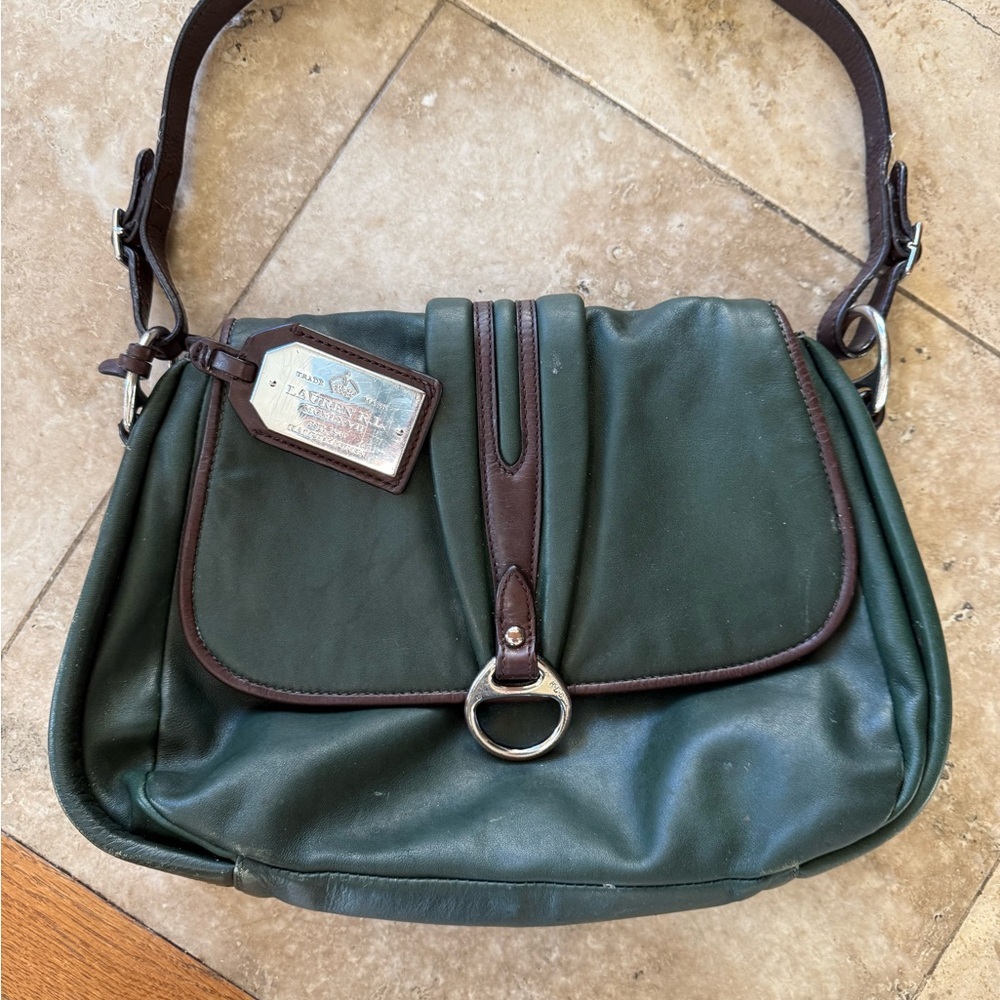 LAUREN RALPH LAUREN vintage olive, green and brown, leather handbag preowned